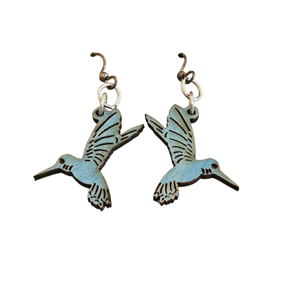 NWT - Handmade Wooden Blue Hummingbird Earrings
